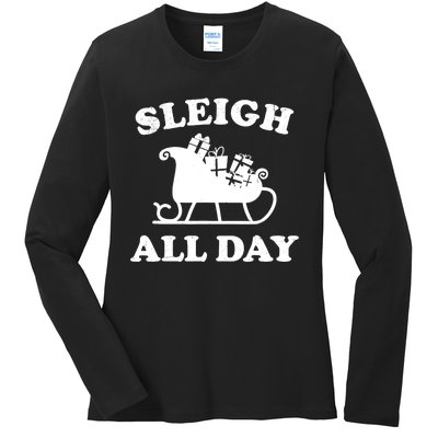 Funny Sleigh All Day Christmas In July Retro Vintage Ugly Ladies Long Sleeve Shirt