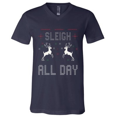 Funny Sleigh All Day Ugly Christmas Sweater Reindeer Holiday Gift V-Neck T-Shirt