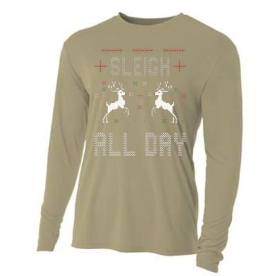 Funny Sleigh All Day Ugly Christmas Sweater Reindeer Holiday Gift Cooling Performance Long Sleeve Crew