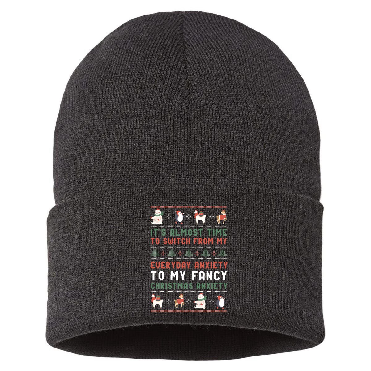Funny Sarcastic Anxiety Mental Health Quote Ugly Christmas Sustainable Knit Beanie