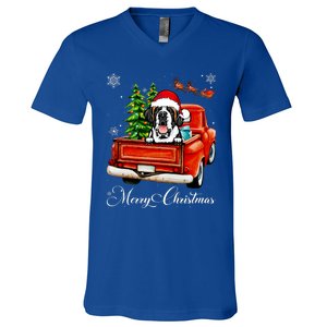 Funny Saint Bernard Ride Red Truck Merry Christmas Pajama V-Neck T-Shirt