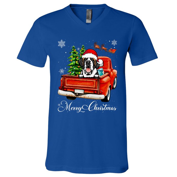 Funny Saint Bernard Ride Red Truck Merry Christmas Pajama V-Neck T-Shirt