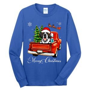 Funny Saint Bernard Ride Red Truck Merry Christmas Pajama Tall Long Sleeve T-Shirt