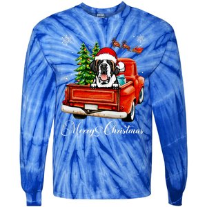 Funny Saint Bernard Ride Red Truck Merry Christmas Pajama Tie-Dye Long Sleeve Shirt