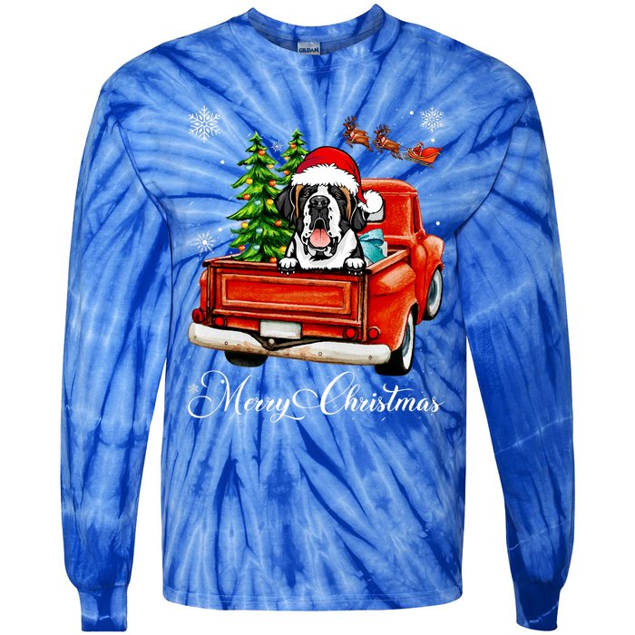 Funny Saint Bernard Ride Red Truck Merry Christmas Pajama Tie-Dye Long Sleeve Shirt