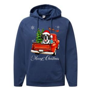 Funny Saint Bernard Ride Red Truck Merry Christmas Pajama Performance Fleece Hoodie