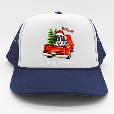 Funny Saint Bernard Ride Red Truck Merry Christmas Pajama Trucker Hat