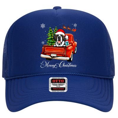 Funny Saint Bernard Ride Red Truck Merry Christmas Pajama High Crown Mesh Back Trucker Hat