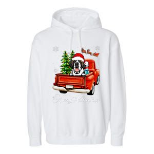 Funny Saint Bernard Ride Red Truck Merry Christmas Pajama Garment-Dyed Fleece Hoodie