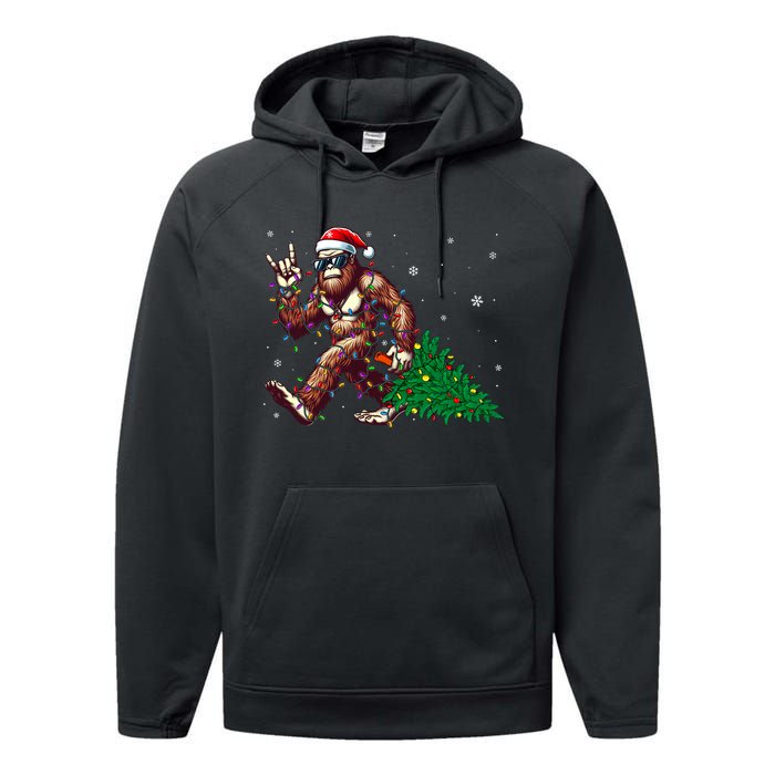 Funny Santa Bigfoot Christmas Tree Xmas Lights Sasquatch Performance Fleece Hoodie