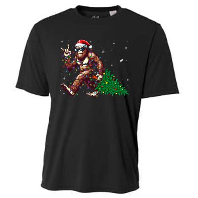 Funny Santa Bigfoot Christmas Tree Xmas Lights Sasquatch Cooling Performance Crew T-Shirt