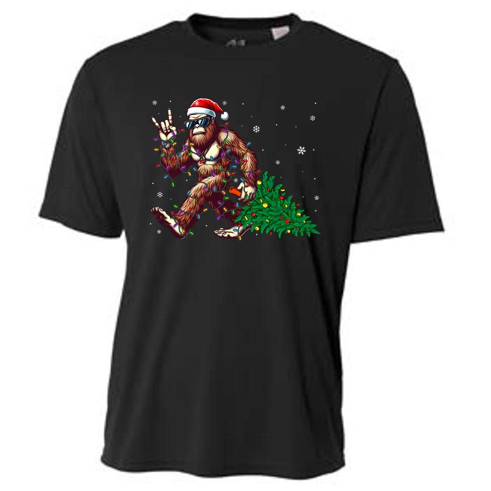 Funny Santa Bigfoot Christmas Tree Xmas Lights Sasquatch Cooling Performance Crew T-Shirt