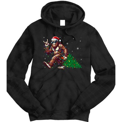 Funny Santa Bigfoot Christmas Tree Xmas Lights Sasquatch Tie Dye Hoodie