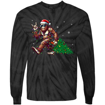 Funny Santa Bigfoot Christmas Tree Xmas Lights Sasquatch Tie-Dye Long Sleeve Shirt