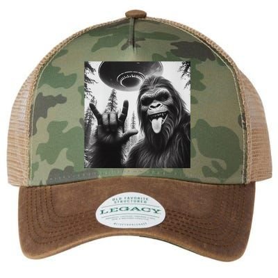 Funny Sasquatch Bigfoot Rock On Selfie With Ufo Alien Legacy Tie Dye Trucker Hat