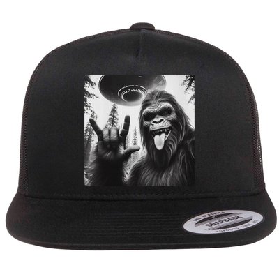 Funny Sasquatch Bigfoot Rock On Selfie With Ufo Alien Flat Bill Trucker Hat