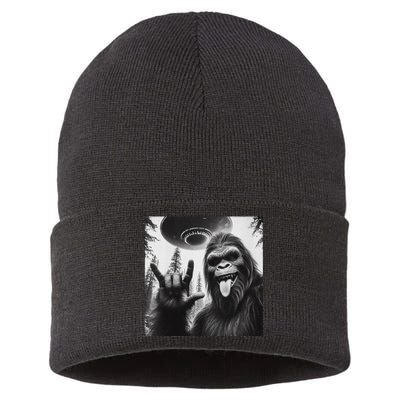 Funny Sasquatch Bigfoot Rock On Selfie With Ufo Alien Sustainable Knit Beanie