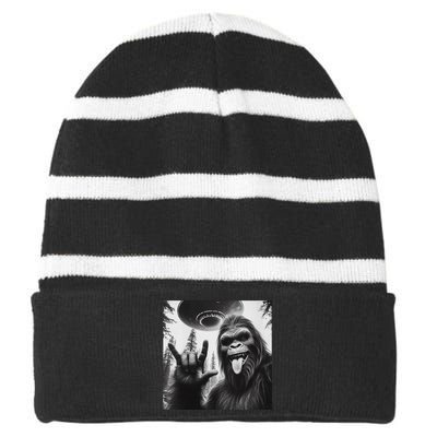 Funny Sasquatch Bigfoot Rock On Selfie With Ufo Alien Striped Beanie with Solid Band