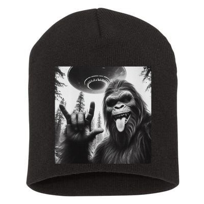 Funny Sasquatch Bigfoot Rock On Selfie With Ufo Alien Short Acrylic Beanie