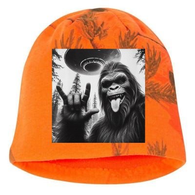 Funny Sasquatch Bigfoot Rock On Selfie With Ufo Alien Kati - Camo Knit Beanie