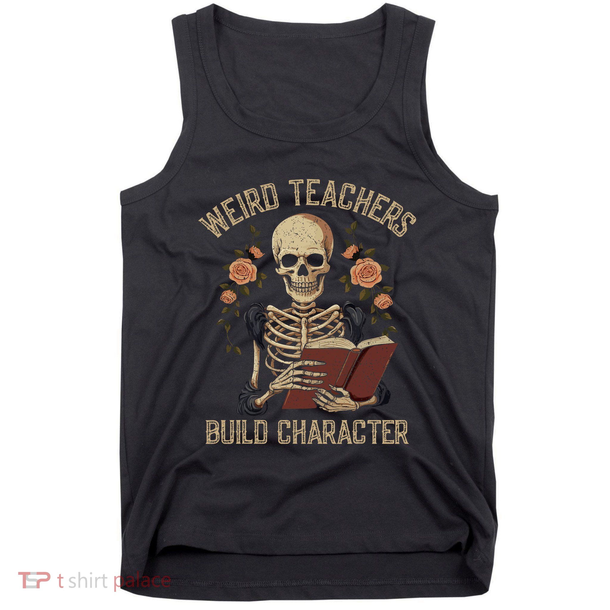 Funny Skeleton Book Floral Skull Halloween Teacher Tank Top