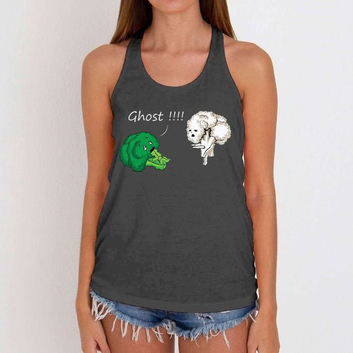 Funny Scared Broccoli By Ghost Cauliflower Funny Vegetarian Women's Knotted Racerback Tank