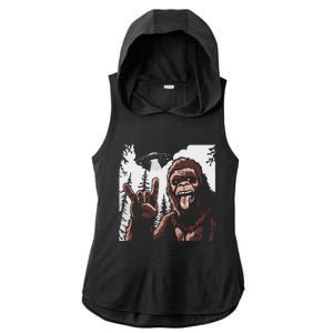 Funny Sasquatch Bigfoot Rock On Selfie With Ufo Alien Ladies PosiCharge Tri-Blend Wicking Draft Hoodie Tank