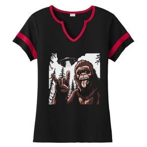 Funny Sasquatch Bigfoot Rock On Selfie With Ufo Alien Ladies Halftime Notch Neck Tee