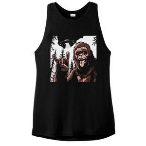 Funny Sasquatch Bigfoot Rock On Selfie With Ufo Alien Ladies PosiCharge Tri-Blend Wicking Tank