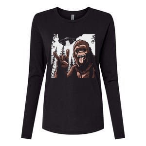 Funny Sasquatch Bigfoot Rock On Selfie With Ufo Alien Womens Cotton Relaxed Long Sleeve T-Shirt