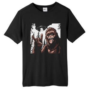 Funny Sasquatch Bigfoot Rock On Selfie With Ufo Alien Tall Fusion ChromaSoft Performance T-Shirt