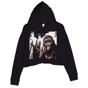 Funny Sasquatch Bigfoot Rock On Selfie With Ufo Alien Crop Fleece Hoodie