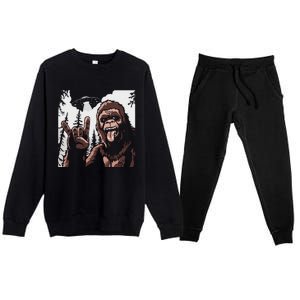 Funny Sasquatch Bigfoot Rock On Selfie With Ufo Alien Premium Crewneck Sweatsuit Set