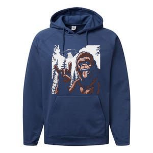 Funny Sasquatch Bigfoot Rock On Selfie With Ufo Alien Performance Fleece Hoodie