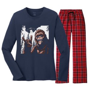 Funny Sasquatch Bigfoot Rock On Selfie With Ufo Alien Women's Long Sleeve Flannel Pajama Set 