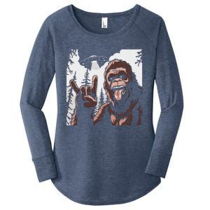 Funny Sasquatch Bigfoot Rock On Selfie With Ufo Alien Women's Perfect Tri Tunic Long Sleeve Shirt