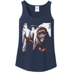 Funny Sasquatch Bigfoot Rock On Selfie With Ufo Alien Ladies Essential Tank