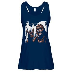 Funny Sasquatch Bigfoot Rock On Selfie With Ufo Alien Ladies Essential Flowy Tank