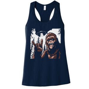 Funny Sasquatch Bigfoot Rock On Selfie With Ufo Alien Women's Racerback Tank