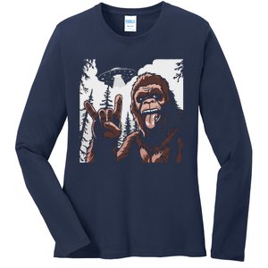 Funny Sasquatch Bigfoot Rock On Selfie With Ufo Alien Ladies Long Sleeve Shirt