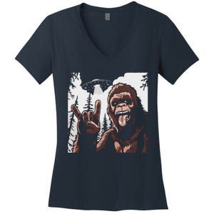 Funny Sasquatch Bigfoot Rock On Selfie With Ufo Alien Women's V-Neck T-Shirt