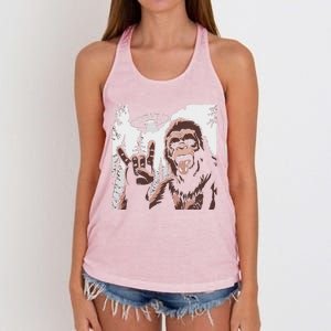 Funny Sasquatch Bigfoot Rock On Selfie With Ufo Alien Women's Knotted Racerback Tank