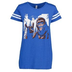 Funny Sasquatch Bigfoot Rock On Selfie With Ufo Alien Enza Ladies Jersey Football T-Shirt