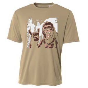 Funny Sasquatch Bigfoot Rock On Selfie With Ufo Alien Cooling Performance Crew T-Shirt