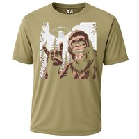 Funny Sasquatch Bigfoot Rock On Selfie With Ufo Alien Cooling Performance Crew T-Shirt