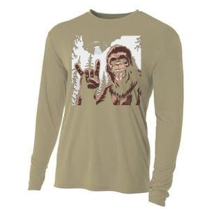 Funny Sasquatch Bigfoot Rock On Selfie With Ufo Alien Cooling Performance Long Sleeve Crew