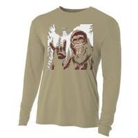 Funny Sasquatch Bigfoot Rock On Selfie With Ufo Alien Cooling Performance Long Sleeve Crew