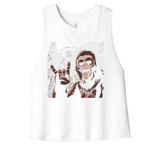 Funny Sasquatch Bigfoot Rock On Selfie With Ufo Alien Women's Racerback Cropped Tank