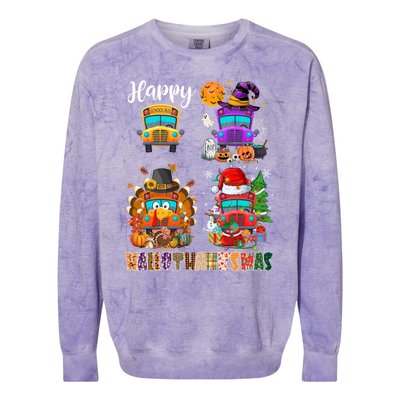 Funny School Bus Witch Turkey Santa Happy Hallothanksmas Gift Colorblast Crewneck Sweatshirt