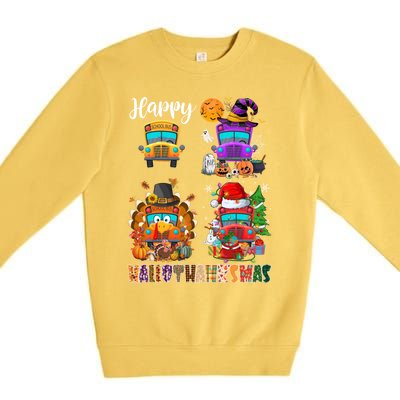 Funny School Bus Witch Turkey Santa Happy Hallothanksmas Gift Premium Crewneck Sweatshirt